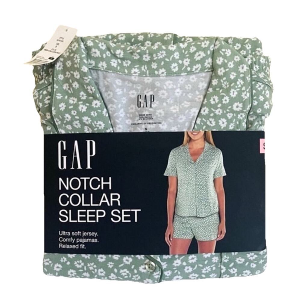 NWT S Green GAP Short Sleeve Pajama Set Loungewear Button-Up Relax Flower Cozy